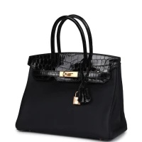 Hermes Birkin 30 Black Shiny Niloticus Crocodile and Togo Touch Rose Gold Hardware Hermes Birkin 30 Black Shiny Niloticus Crocodile and Togo Touch Rose Gold Hardware