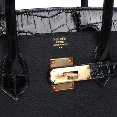 Hermes Birkin 30 Black Shiny Niloticus Crocodile and Togo Touch Rose Gold Hardware Hermes Birkin 30 Black Shiny Niloticus Crocodile and Togo Touch Rose Gold Hardware