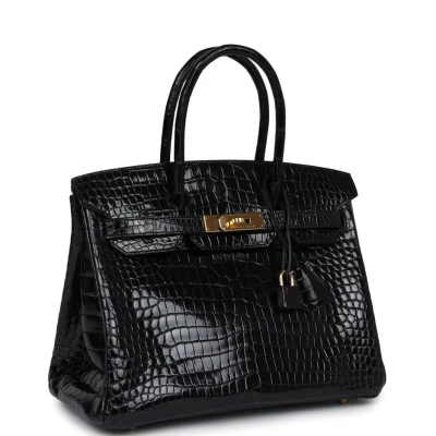 Hermes Birkin 30 Black Shiny Porosus Crocodile Gold Hardware