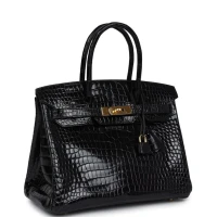 Hermes Birkin 30 Black Shiny Porosus Crocodile Gold Hardware