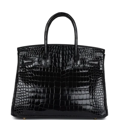 Hermes Birkin 30 Black Shiny Porosus Crocodile Gold Hardware