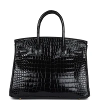 Hermes Birkin 30 Black Shiny Porosus Crocodile Gold Hardware