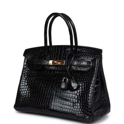 Hermes Birkin 30 Black Shiny Porosus Crocodile Gold Hardware