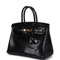 Hermes Birkin 30 Black Shiny Porosus Crocodile Gold Hardware