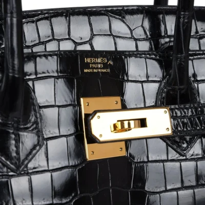 Hermes Birkin 30 Black Shiny Porosus Crocodile Gold Hardware