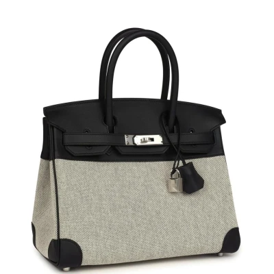 Hermes Birkin 30 Black Swift and Ecru Toile Palladium Hardware Hermes Birkin 30 Black Swift and Ecru Toile Palladium Hardware