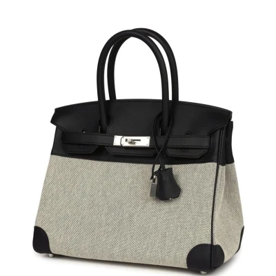 Hermes Birkin 30 Black Swift and Ecru Toile Palladium Hardware Hermes Birkin 30 Black Swift and Ecru Toile Palladium Hardware