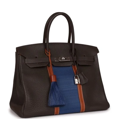 Hermes Birkin Club 35 Vert Bronze, Blue Thalassa, Fauve Barenia Fjord & Ottomane Palladium Hardware Hermes Birkin Club 35 Vert Bronze, Blue Thalassa, Fauve Barenia Fjord & Ottomane Palladium Hardware