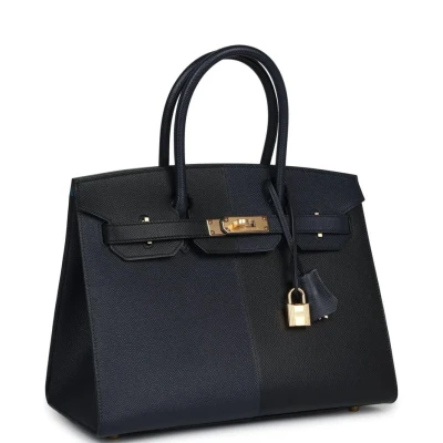 Hermes Casaque Birkin Sellier 30 Black, Bleu Indigo and Bleu Zanzibar Epsom Gold Hardware Hermes Casaque Birkin Sellier 30 Black, Bleu Indigo and Bleu Zanzibar Epsom Gold Hardware
