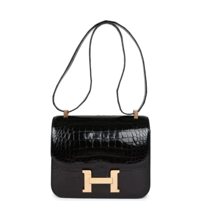 Hermes Constance 24 Black Shiny Alligator Rose Gold Hardware Hermes Constance 24 Black Shiny Alligator Rose Gold Hardware