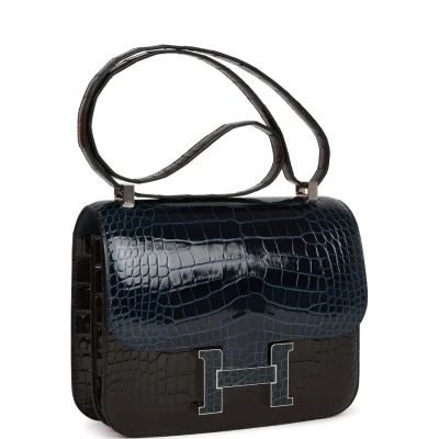 Hermes Constance 24 Tri-Color Black, Bleu Baltique and Vert Rousseau Shiny Alligator Palladium Hardware Hermes Constance 24 Tri-Color Black, Bleu Baltique and Vert Rousseau Shiny Alligator Palladium Hardware