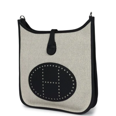 Hermes Evelyne III PM Black Clemence and Toile Palladium Hardware Hermes Evelyne III PM Black Clemence and Toile Palladium Hardware