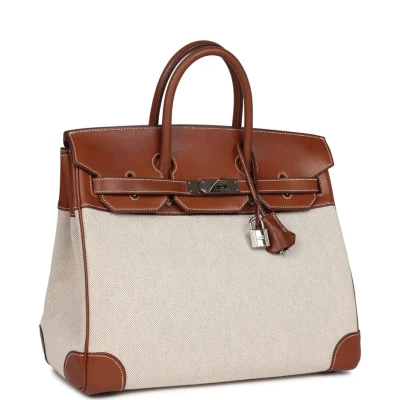Hermes HAC Birkin 32 Toile and Fauve Barenia Palladium Hardware Hermes HAC Birkin 32 Toile and Fauve Barenia Palladium Hardware