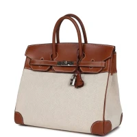 Hermes HAC Birkin 32 Toile and Fauve Barenia Palladium Hardware Hermes HAC Birkin 32 Toile and Fauve Barenia Palladium Hardware