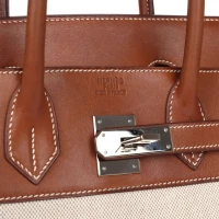 Hermes HAC Birkin 32 Toile and Fauve Barenia Palladium Hardware Hermes HAC Birkin 32 Toile and Fauve Barenia Palladium Hardware