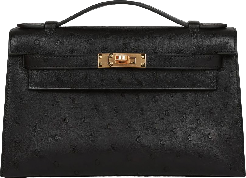 Hermes Kelly Pochette Black Ostrich Gold Hardware