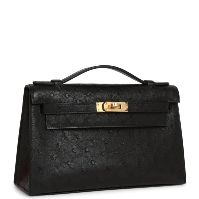 Hermes Kelly Pochette Black Ostrich Gold Hardware Hermes Kelly Pochette Black Ostrich Gold Hardware