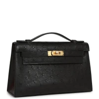 Hermes Kelly Pochette Black Ostrich Gold Hardware Hermes Kelly Pochette Black Ostrich Gold Hardware