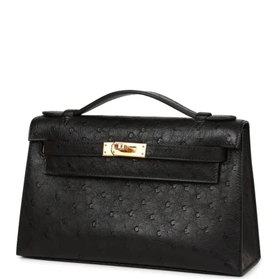 Hermes Kelly Pochette Black Ostrich Gold Hardware Hermes Kelly Pochette Black Ostrich Gold Hardware