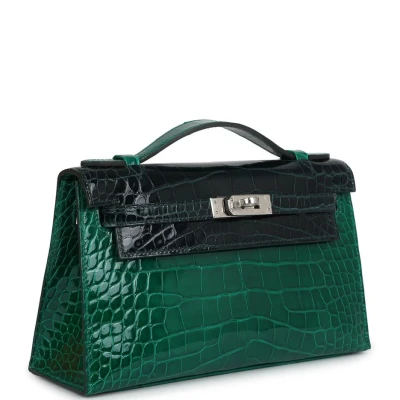 Hermes Kelly Pochette Emerald and Vert Rousseau Shiny Alligator Palladium Hardware Hermes Kelly Pochette Emerald and Vert Rousseau Shiny Alligator Palladium Hardware
