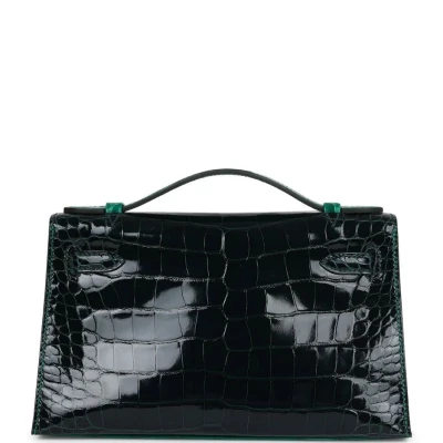 Hermes Kelly Pochette Emerald and Vert Rousseau Shiny Alligator Palladium Hardware Hermes Kelly Pochette Emerald and Vert Rousseau Shiny Alligator Palladium Hardware