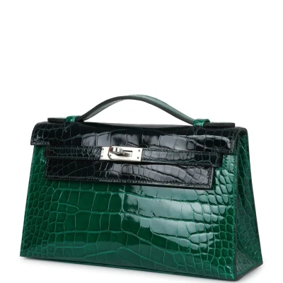 Hermes Kelly Pochette Emerald and Vert Rousseau Shiny Alligator Palladium Hardware Hermes Kelly Pochette Emerald and Vert Rousseau Shiny Alligator Palladium Hardware