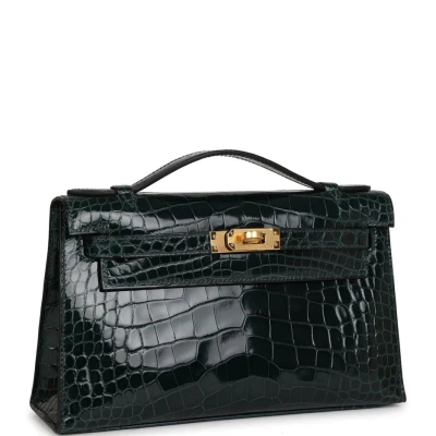 Hermes Kelly Pochette Vert Cypress Shiny Alligator Gold Hardware Hermes Kelly Pochette Vert Cypress Shiny Alligator Gold Hardware