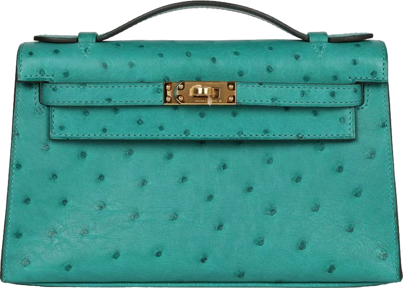 Hermes Kelly Pochette Vert Verone Ostrich Gold Hardware
