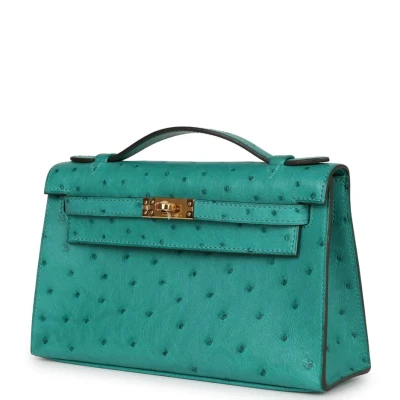 Hermes Kelly Pochette Vert Verone Ostrich Gold Hardware Hermes Kelly Pochette Vert Verone Ostrich Gold Hardware
