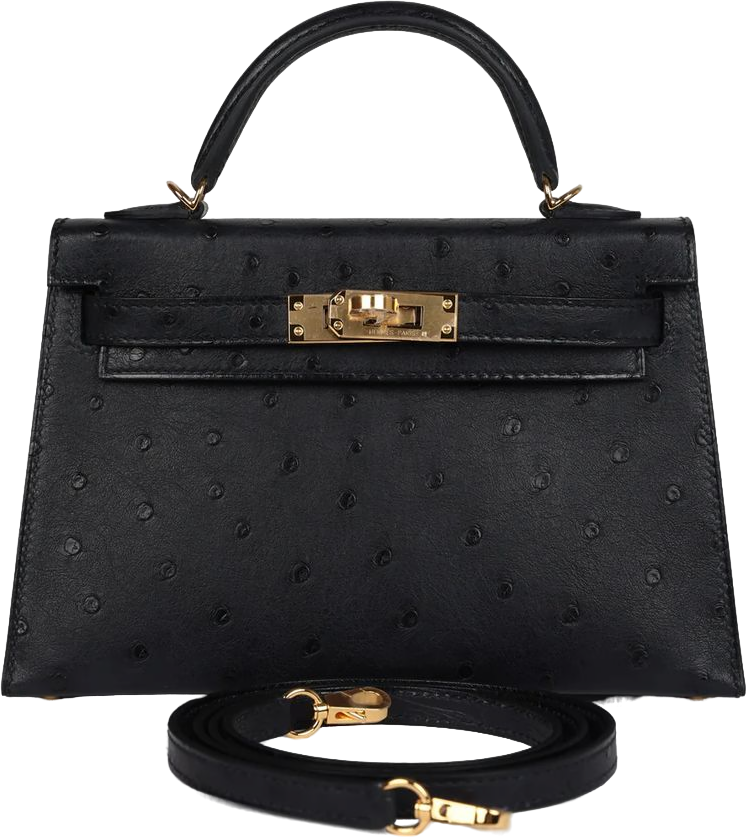 Hermes Kelly Sellier 20 Black Ostrich Gold Hardware