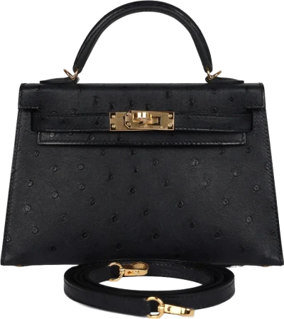 Hermes Kelly Sellier 20 Black Ostrich Gold Hardware Hermes Kelly Sellier 20 Black Ostrich Gold Hardware