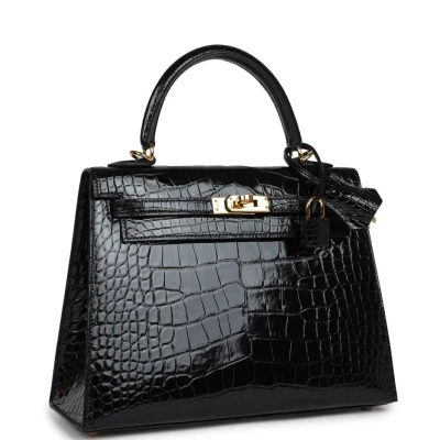 Hermes Kelly Sellier 25 Black Shiny Alligator Gold Hardware Hermes Kelly Sellier 25 Black Shiny Alligator Gold Hardware