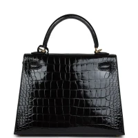 Hermes Kelly Sellier 25 Black Shiny Alligator Gold Hardware Hermes Kelly Sellier 25 Black Shiny Alligator Gold Hardware