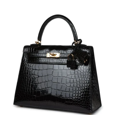 Hermes Kelly Sellier 25 Black Shiny Alligator Gold Hardware Hermes Kelly Sellier 25 Black Shiny Alligator Gold Hardware