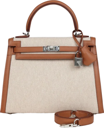 Hermes Kelly Sellier 25 Gold Swift and Ecru Toile Palladium Hardware Hermes Kelly Sellier 25 Gold Swift and Ecru Toile Palladium Hardware