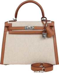 Hermes Kelly Sellier 25 Gold Swift and Ecru Toile Palladium Hardware Hermes Kelly Sellier 25 Gold Swift and Ecru Toile Palladium Hardware