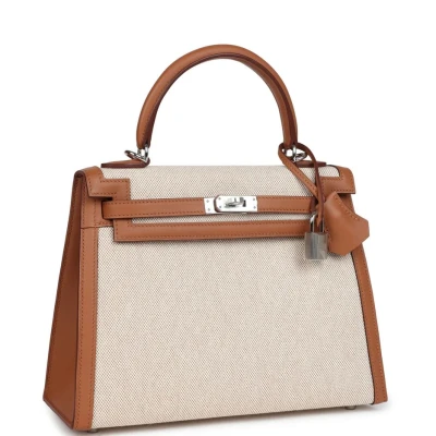 Hermes Kelly Sellier 25 Gold Swift and Ecru Toile Palladium Hardware Hermes Kelly Sellier 25 Gold Swift and Ecru Toile Palladium Hardware