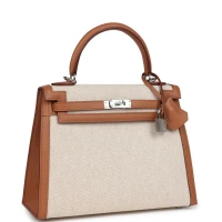 Hermes Kelly Sellier 25 Gold Swift and Ecru Toile Palladium Hardware Hermes Kelly Sellier 25 Gold Swift and Ecru Toile Palladium Hardware
