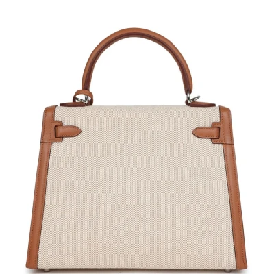 Hermes Kelly Sellier 25 Gold Swift and Ecru Toile Palladium Hardware Hermes Kelly Sellier 25 Gold Swift and Ecru Toile Palladium Hardware