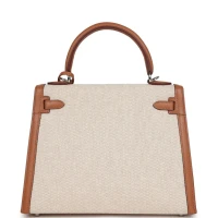 Hermes Kelly Sellier 25 Gold Swift and Ecru Toile Palladium Hardware Hermes Kelly Sellier 25 Gold Swift and Ecru Toile Palladium Hardware