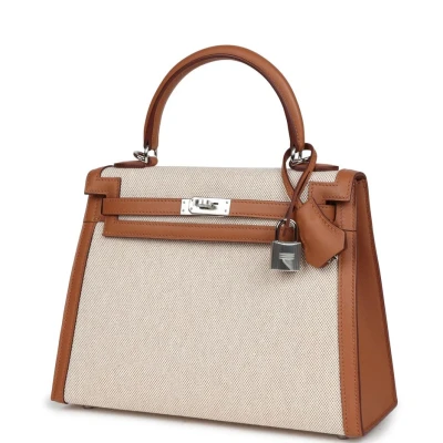 Hermes Kelly Sellier 25 Gold Swift and Ecru Toile Palladium Hardware Hermes Kelly Sellier 25 Gold Swift and Ecru Toile Palladium Hardware