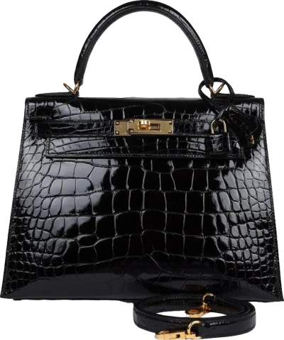 Hermes Kelly Sellier 28 Black Shiny Alligator Gold Hardware Hermes Kelly Sellier 28 Black Shiny Alligator Gold Hardware