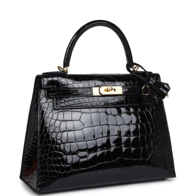 Hermes Kelly Sellier 28 Black Shiny Alligator Gold Hardware Hermes Kelly Sellier 28 Black Shiny Alligator Gold Hardware