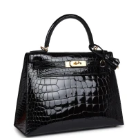 Hermes Kelly Sellier 28 Black Shiny Alligator Gold Hardware Hermes Kelly Sellier 28 Black Shiny Alligator Gold Hardware