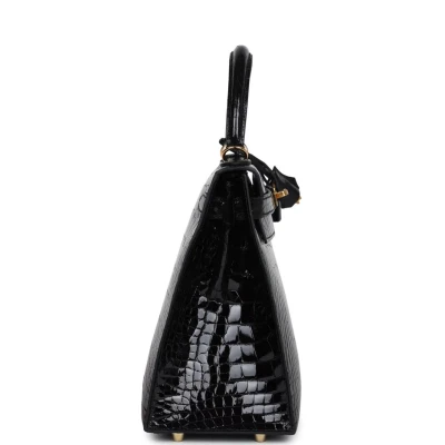 Hermes Kelly Sellier 28 Black Shiny Alligator Gold Hardware Hermes Kelly Sellier 28 Black Shiny Alligator Gold Hardware