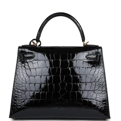 Hermes Kelly Sellier 28 Black Shiny Alligator Gold Hardware Hermes Kelly Sellier 28 Black Shiny Alligator Gold Hardware