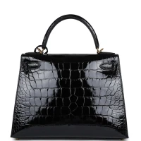 Hermes Kelly Sellier 28 Black Shiny Alligator Gold Hardware Hermes Kelly Sellier 28 Black Shiny Alligator Gold Hardware