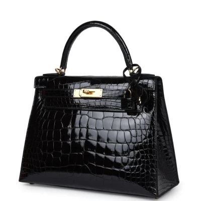 Hermes Kelly Sellier 28 Black Shiny Alligator Gold Hardware Hermes Kelly Sellier 28 Black Shiny Alligator Gold Hardware