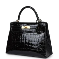Hermes Kelly Sellier 28 Black Shiny Alligator Gold Hardware Hermes Kelly Sellier 28 Black Shiny Alligator Gold Hardware