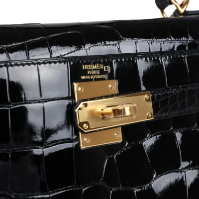 Hermes Kelly Sellier 28 Black Shiny Alligator Gold Hardware Hermes Kelly Sellier 28 Black Shiny Alligator Gold Hardware